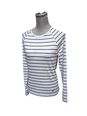 Nautica Women's Small Deep Blue Sea White Striped Long Sleeve Swim Tee NWOT